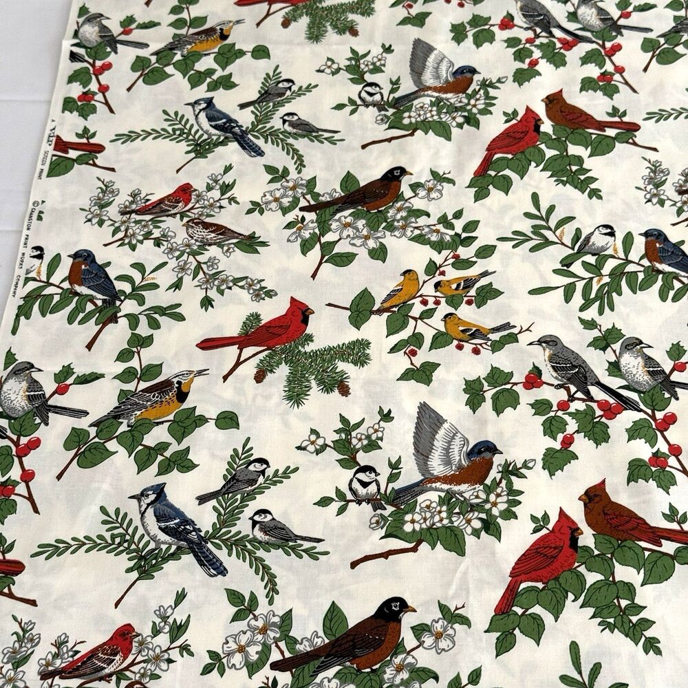 American Song Bird Cardinal Blue Jay Quilt Fabric Cotton Cranston 94 x 44 vtg